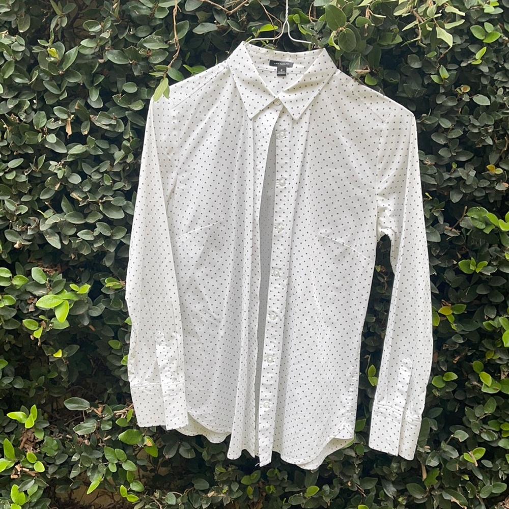 Ann Taylor Crisp White Button Down Allover Polka Dot 💫 Star 🌟 Shirt 🤩